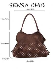 Sweet Polka Dot English Embroidery Patchwork Large Capacity Drawstring Tote Bag, Vintage Korean Slouchy, Shoulder Bag For Girls, Students, Commuting, Shopping, - Coffee - View 2