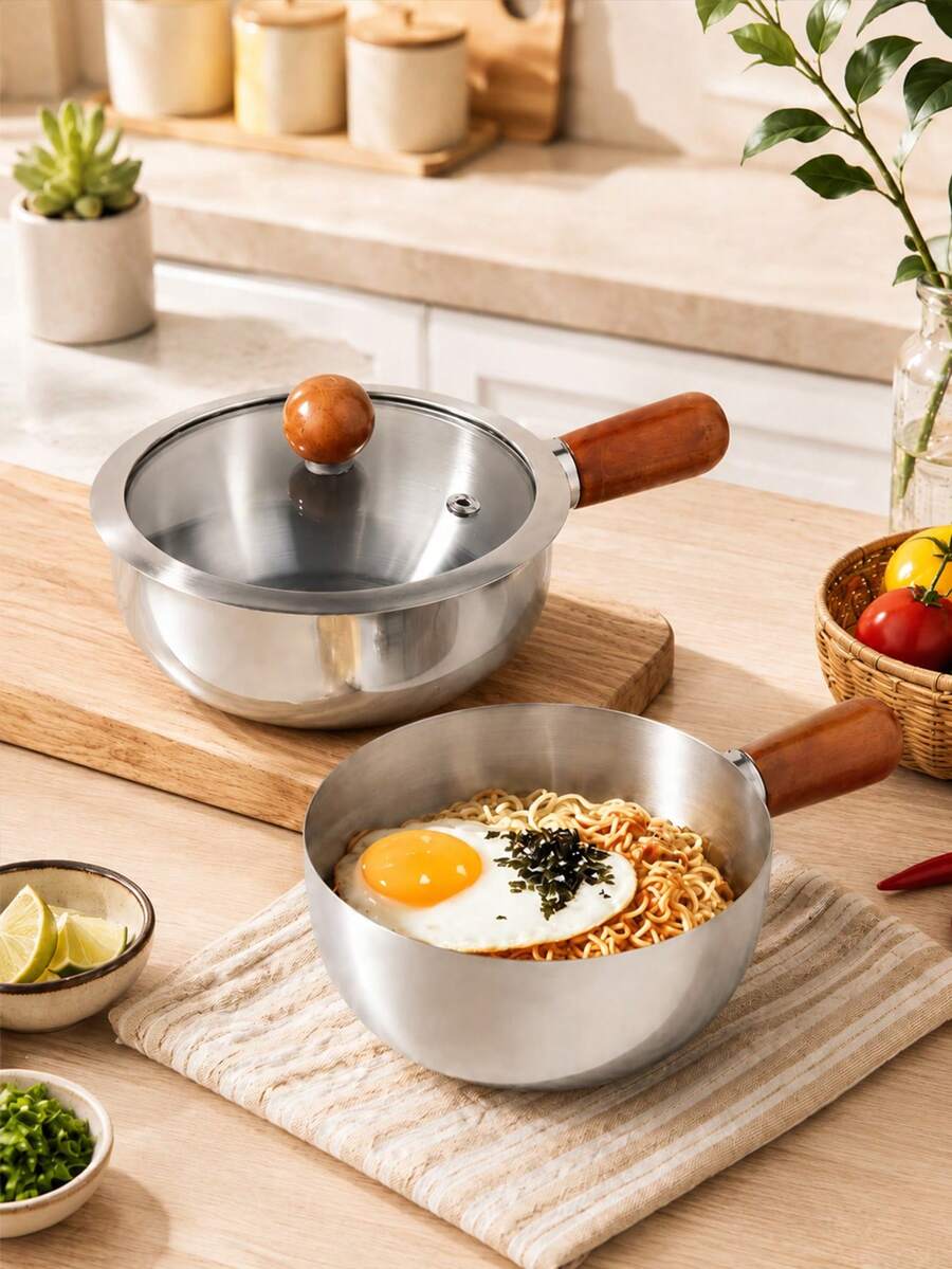 Multifunctional Stainless Steel Milk Pot With Wooden Handle And Breathable Glass Lid, Suitable For Heating Milk, Cooking Noodles, Making Soup And Baby Food, Compatible With All Stoves, Ideal For Dorms, RVs And Small Kitchens