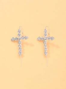 FAAABULS 1 Pair Women's Silver Rhinestone Cross Ear Cuffs, Sparkling Crystal Cross Ear Clips, Elegant Personalized Earrings, Suitable For Party, Wedding And Daily Wear - Silver - View 5