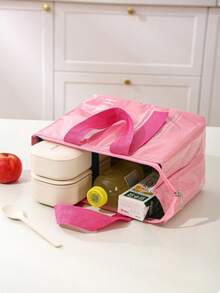 1pc Letter Pattern Lunch Bag, Casual Style, Waterproof PU + Thickened Aluminum Foil Handbag, Lunch Bag With Sturdy Handle, Insulated Food Container Bag, Suitable For Outdoor Picnic, Commuting - Dopamine Multi-color - View 8