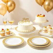 1/20/25/50pcs Luxury Gold Floral Hollow Rim Round Plate Set, Large Capacity Stackable Packaging, Elegant Gold Hollow Lace Design, Great For Photography And Atmosphere, Suitable For Theme Parties, Outdoor Gatherings, Store Events, Home Dinners, Bulk Purchase Party Decoration Plates - White With Gold Trim - View 3