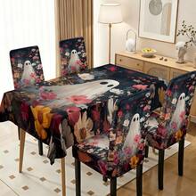 1/4/5/6/7/36pcs Halloween Series Pure White Ghost Pattern Print Chair Covers/Chair Slipcovers Set, Suitable For Indoor Home, Restaurant, Hotel, Ideal Choice For Modern Daily Decoration. Tablecloth Suitable For Square Dining Table, Elastic Chair Covers Are Washable. - Multicolor - View 17