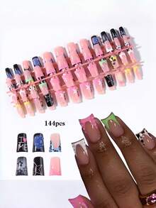 A Set Of 144 Short Square Press On Nails Fake Featuring Various Elements: Colorful V-Shaped French Tips, Cow Patterns, Polka Dots, Stars, Gradients, And Text Graffiti Nail. The Acrylic Press-On Nails Fit Perfectly And Are Ideal For Parties - Multicolor - View 6