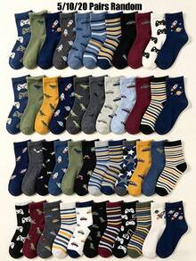 5/10/20 Pairs Random Color Crew Socks, Lovely Cartoon Graphic Children Socks With Planet Dinosaur Designs Soft Socks For Boys Daily Boys All Seasons - Multicolor - View 4
