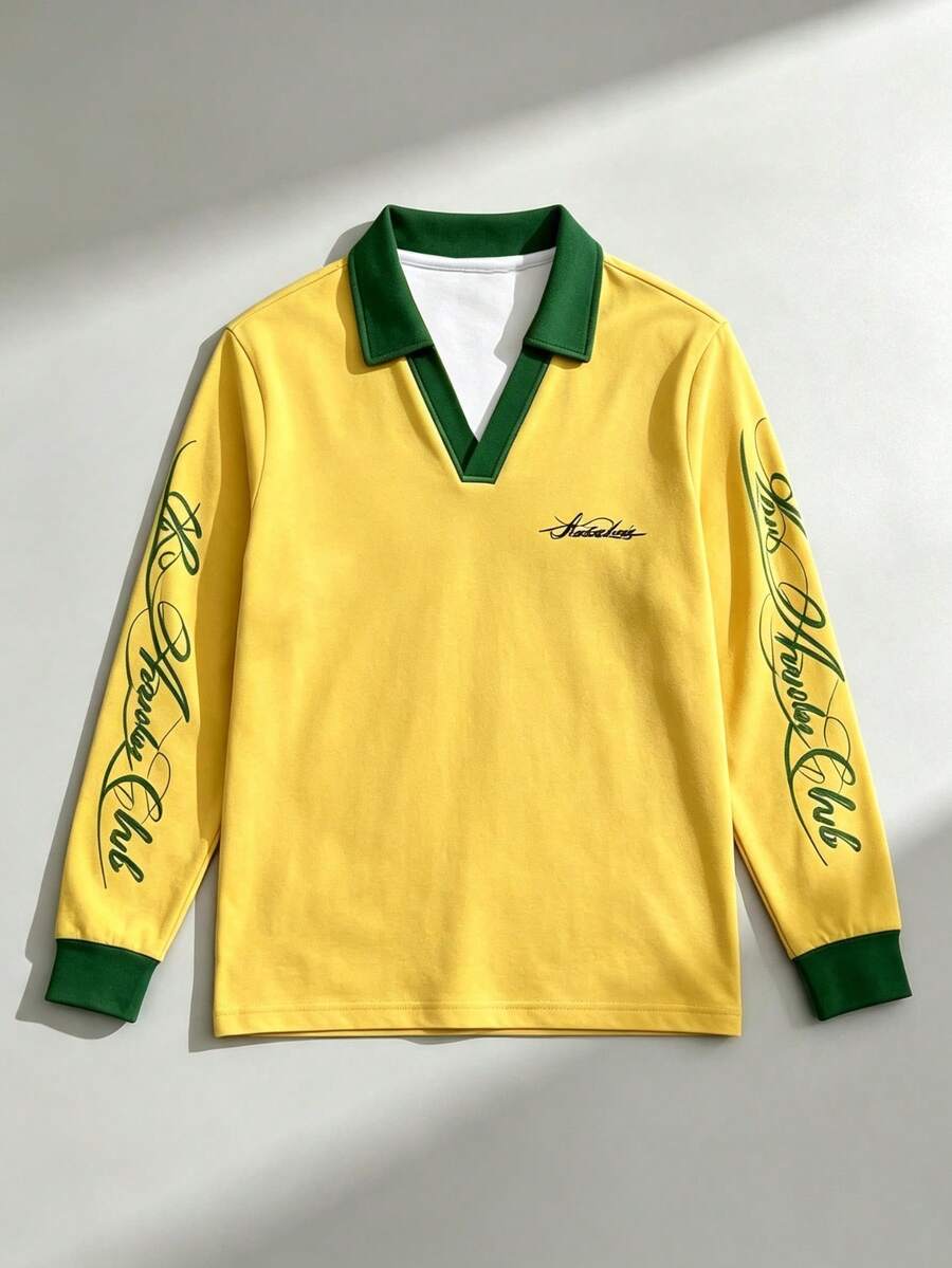 Yellow & Green Color Block V-Neck Polo Long Sleeve Tee, Vintage Script Print Men Streetwear Top - Multicolor - View 1