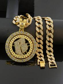 Rotatable B Letter Rhinestone Round Pendant Cuban Chain Set, Silver Heavy-Duty Rhinestone Necklace And Bracelet, American Hip-Hop Cool Accessories For Men - Rotatable Letter B - View 16