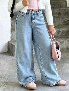 Girls' Vintage Washed Straight-Leg Jeans, Classic Jeans, Casual Everyday Kids' Jeans, Single Piece - Light Blue - View 4