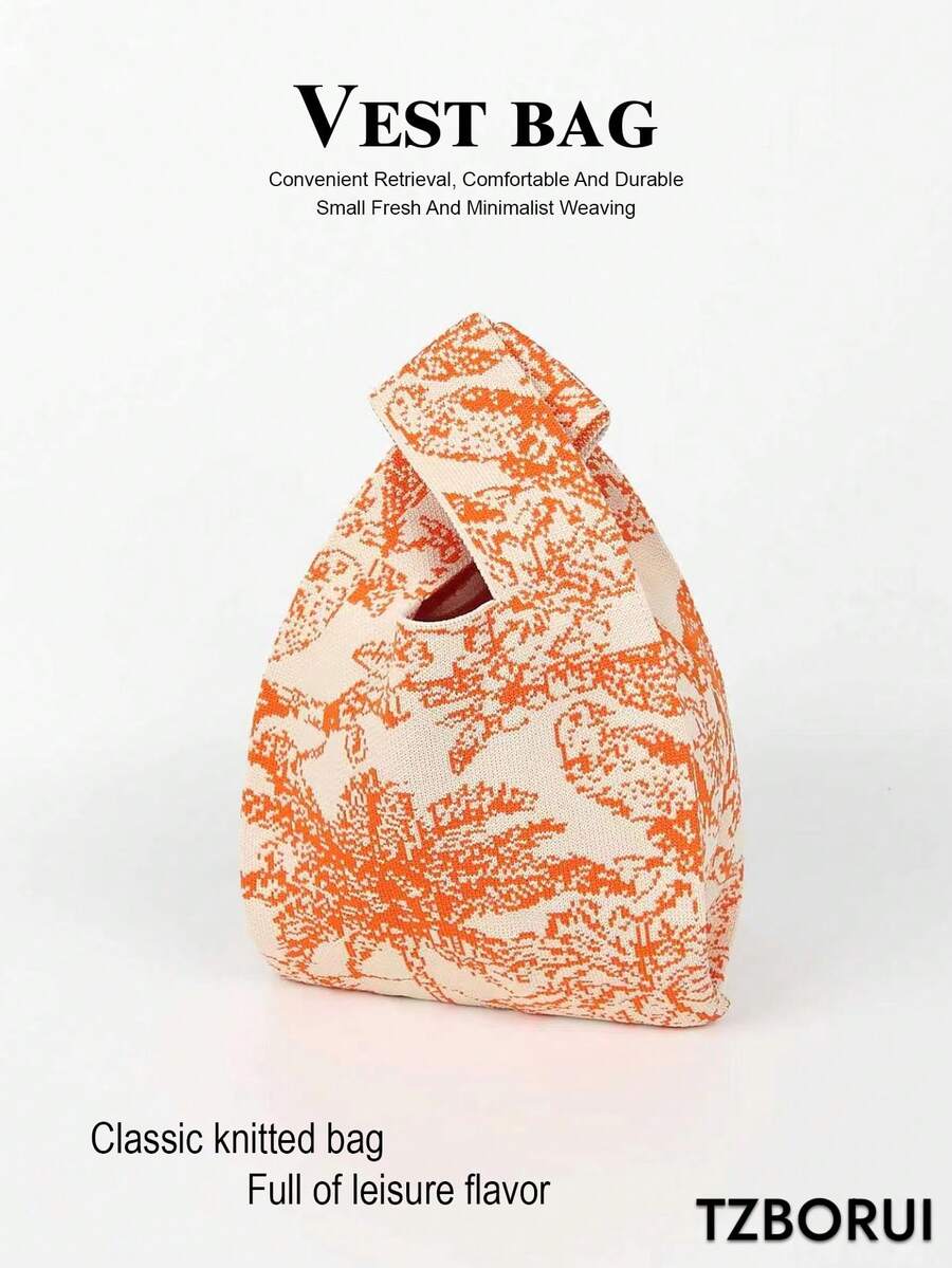 Mini Lightweight Foldable Cute Orange Resin Hollow Breathable Colorblock Knit Handbag For Vacation, Photography, Students, Girls