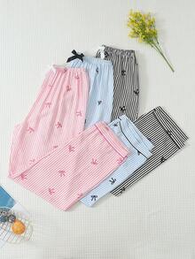 3pcs/Set Women's Comfortable Striped Bow Print Long Pajama Pants, Soft Polyester Non-See-Through - Multicolor - View 3