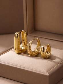 BIFEIER 3pcs/Set 18K Gold Plated Women's Earrings Set, Smooth Square Thick Hoop + Textured Round Hoop + Smooth Small Round Hoop Ear Cuff, Hypoallergenic Niche High-End Party & Commute Ear Jewelry - Gold - View 4