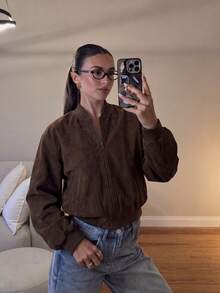 Vintage Solid Color Velvet Zip Pocket Short Jacket For Women, Daily Wear, Autumn/Winter - Brown - View 4