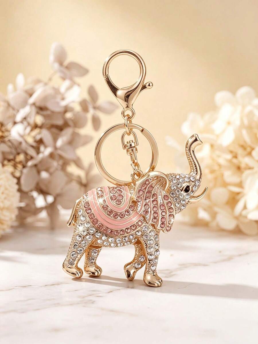 Rhinestone Elephant Keychain, Pink Enamel Lucky Elephant Bag Charm, Gold Tone Crystal Pendant For Women Purse, Handbag, Backpack Gift