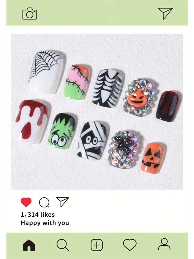 Halloween 24pcs Short Square Press-On Nails, Spider Web, Blood Splatter, Evil Pumpkin, Mummy Pattern Design, Acrylic Material Set Includes: 1pc Jelly Glue And 1pc Nail File - Multicolor - View 5