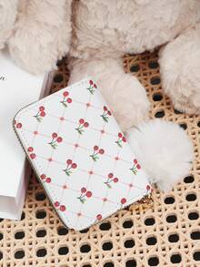 Fashionable Cherry Print Simple Portable Coin Wallet Zipper, With A Pom-Pom Charm, Multi Purpose Women's Wallet Card Bag - White - View 4