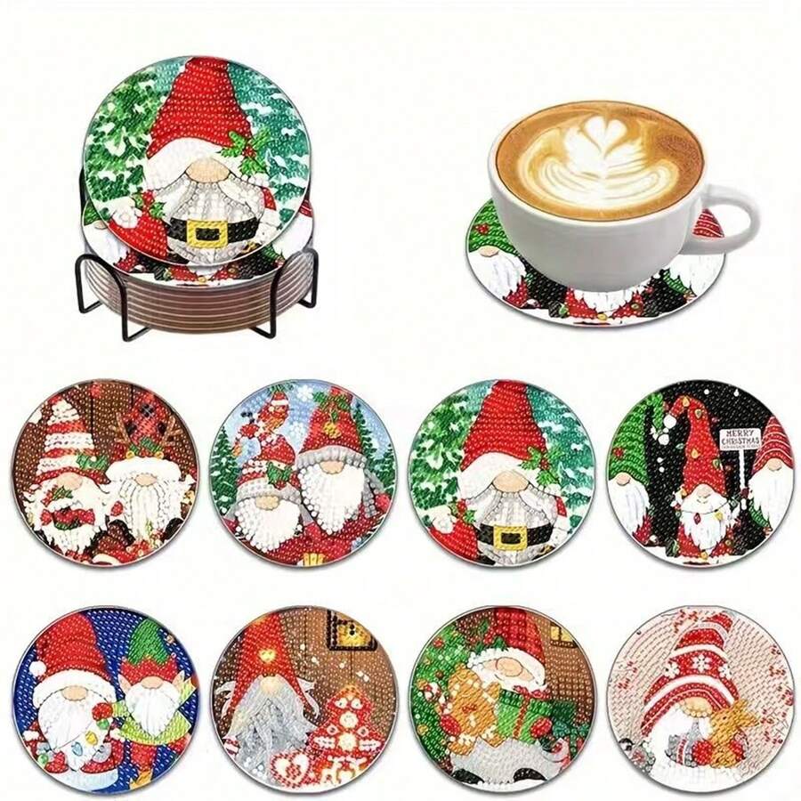 New DITY Handmade Diamond Painting, Bright Full Rhinestone Living Room Bedroom Tea Cup Coaster Decor 8pcs Set, Suitable For Gift Giving [With Stand] - Multicolor - View 1