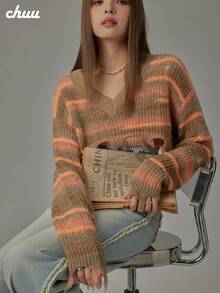 CHUU Colorful Striped Knit Sweater Women Autumn Sweet Cool Distressed Hollow Out Short Loose Top - Orange - View 4