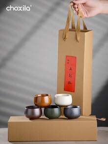 choxila 1 Set/5 Buah Cangkir Teh Cangkir Kopi Set Teh Kung Fu Lima Warna Mangkuk Teh Kecil Keramik Kasar Set Kotak Hadiah - Piala Lima Elemen - View 4