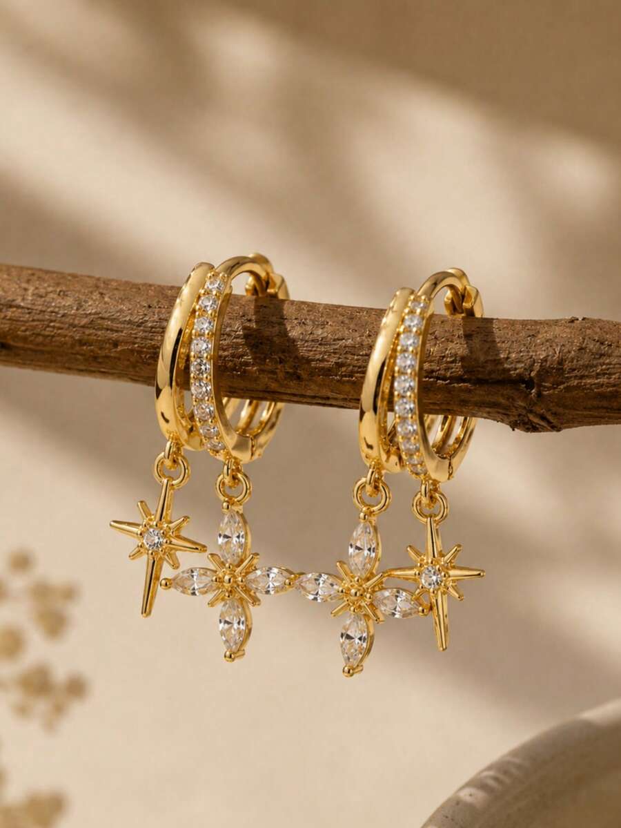 1 Paar goldene doppellagige C-förmige Kreuz-Stern-Hängeohrringe, elegante exquisite mit kubischem Zirkonia besetzte Huggie-Ohrringe, geeignet für den täglichen Gebrauch von Frauen, Partys, Dates und als Geschenk - Sternanhänger-Ohrringe - Übersicht 1