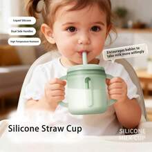 Newborn Baby Full Silicone Learning Cup, Dual Handle Large Mouth Direct Drink & Straw Dual-Use Cup, Baby Drinking Water & Milk Shatter-Resistant Straw Cup - Multicolor - View 3