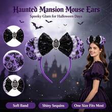 Disney Haunted Mansion Mickey Ears Headband, Purple Base With Black Castle Pattern, Black Sequin Bow With White Mesh Ruffle Trim, Vintage Gothic Halloween Theme Park Hair Accessory - Multicolor - View 1
