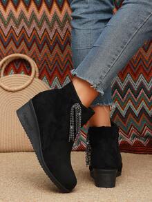 Vintage Black Suede Tassel Rhinestone Ankle Boots, Women's Autumn/Winter Thick Sole Wedge Heel Slimming Versatile Casual Boots - Black - View 3