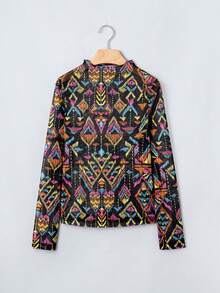 Acelitt Women's Abstract All-Over Print Faux Collar Long Sleeve Slim Fit Top, Suitable For Spring And Autumn - Multicolor - View 3