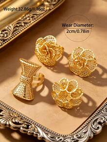 4/5pcs Women's 18K Gold Plated Hollow Flower Adjustable Open Ring, Vintage Personalized Wedding Finger Ring - Gold - View 7