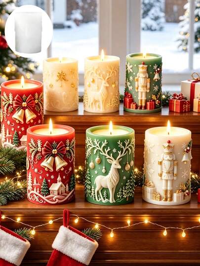 1pc Multi-Style Christmas Cylinder Candle Silicone Mold, Exquisite Embossed Details, Santa Claus, Reindeer, Nutcracker, Snowflake, Christmas Tree, Christmas Bell Elements, Handmade Aromatherapy Candle, Plaster Resin Decor, Christmas, Thanksgiving, Wedding Holiday Gift
