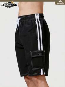 LEDUNTINO [Spring/Summer] Men's Fashion 2-In-1 Double Layer Shorts, Solid Color, Striped, Multi-Pocket, Men's Summer Elastic Waist Shorts - Black - View 5