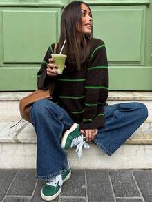 Women Retro Color Block Striped Knit Sweater, Loose Drop Shoulder Long Sleeve Pullover, Casual Slouchy Fit Fall Winter Daily Wear Top Vacation - Multicolor - View 1