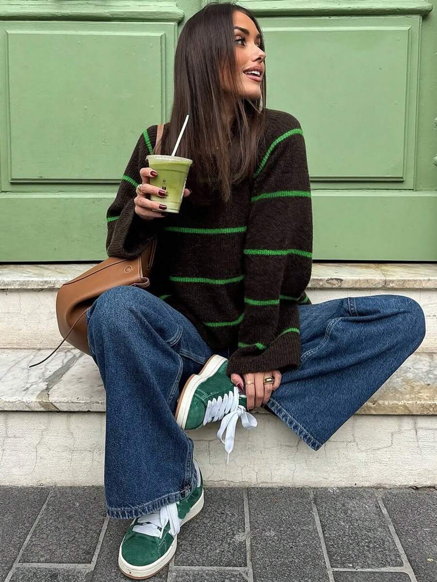 Women Retro Color Block Striped Knit Sweater, Loose Drop Shoulder Long Sleeve Pullover, Casual Slouchy Fit Fall Winter Daily Wear Top Vacation - Multicolor - View 1