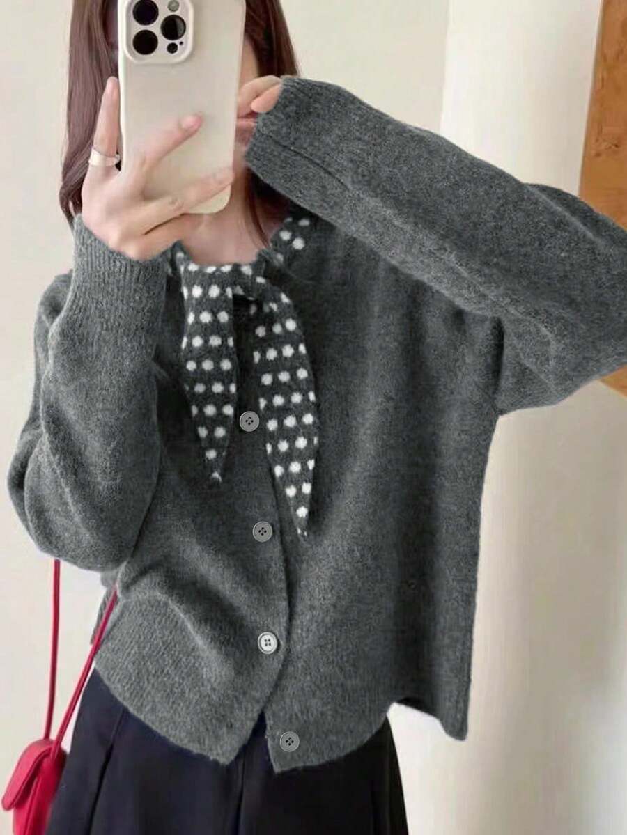Women's 2 In 1 Polka Dot Knit Cardigan Sweater Top - Grey - View 1
