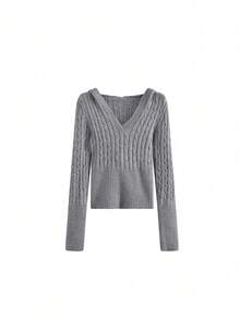 Korean Style Elegant V-Neck Hooded Cable Knit Sweater Long Sleeve Slimming Waist Tops - Grey - View 5