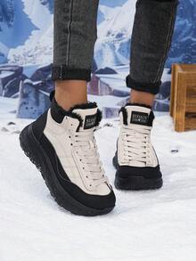 Women's High-Top Snow Boots With Fur Lining, Warm Winter Boots With Laces And Thick Anti-Slip Soles, Color-Blocking Design - Off-black - View 1