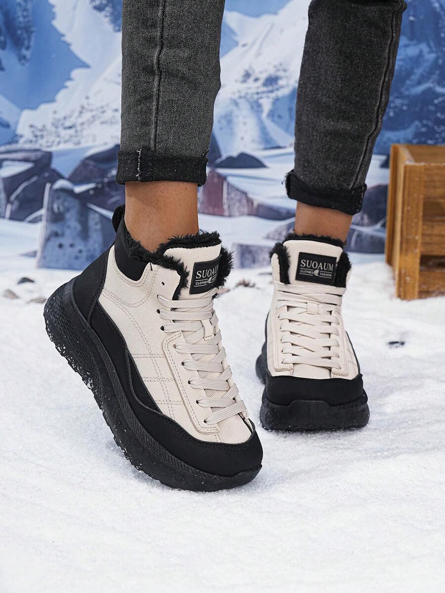 Women's High-Top Snow Boots With Fur Lining, Warm Winter Boots With Laces And Thick Anti-Slip Soles, Color-Blocking Design - Off-black - View 1