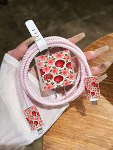 Red Pomegranate & Pink Flower Full Print Pattern Charger Cable Protector, Compatible With IPhone 14 Pro Max, Suitable For 18/20W Fast Charging Cable Winder, Anti-Breakage Tangle Storage Protector, Gift For Boyfriend/Girlfriend, Compatible With IPhone 13/12/11 - Multicolor - View 4
