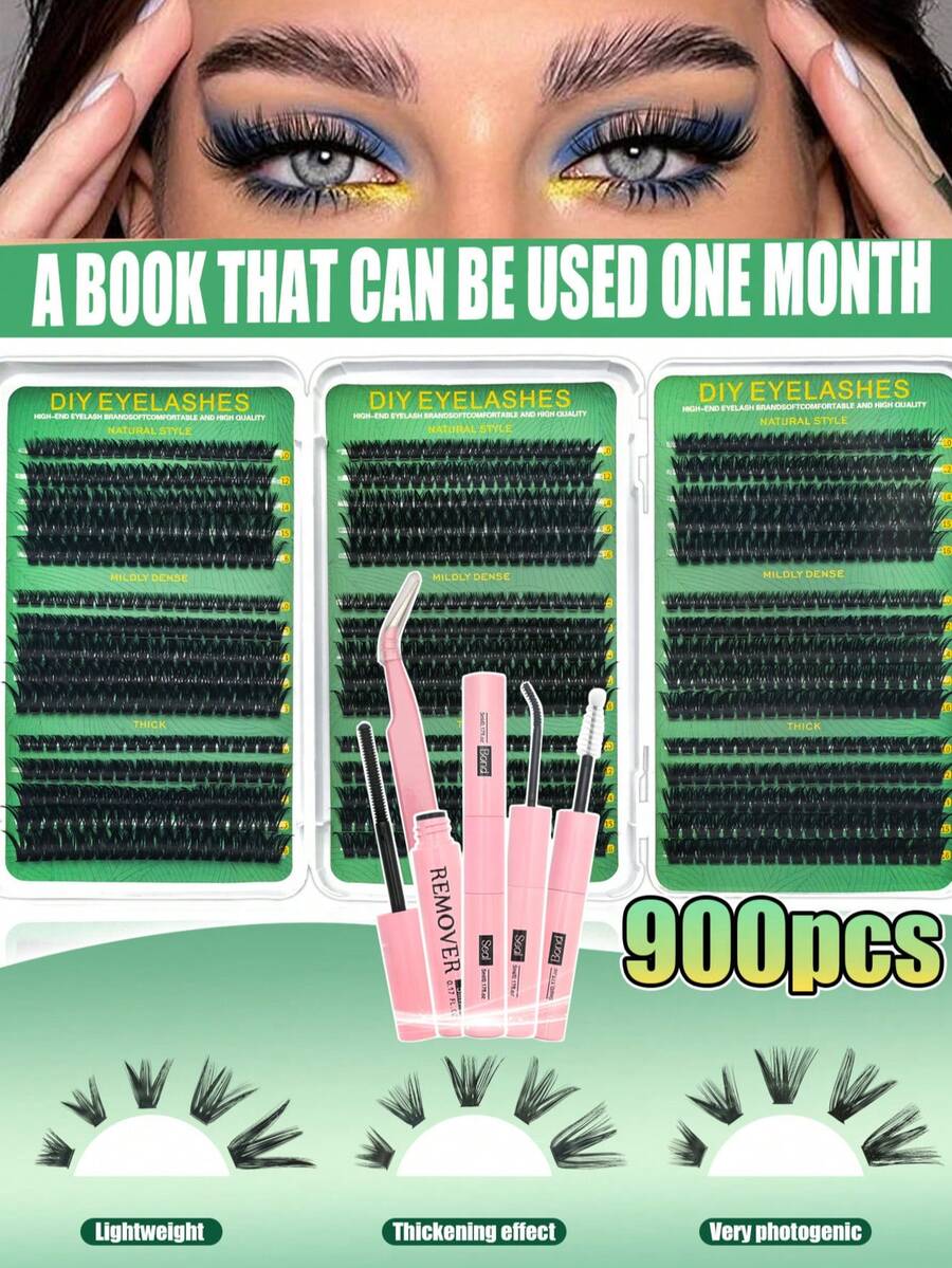 900pcs Waterproof Portable Reusable False Eyelashes, 4 Styles Large Capacity 10-16mm Mixed Tray, D Curl Faux Mink 3D Single Cluster Lashes, Suitable For Daily, Holiday, Cosplay Full Makeup Needs, Back To School, Holiday, Christmas