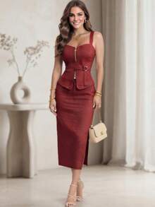 2-PIECE SET CAMI TOP WITH ZIPPER + ELEGANT CHIC LONG SKIRT WITH SIDE SLIT. - 紅色 - 查看 1