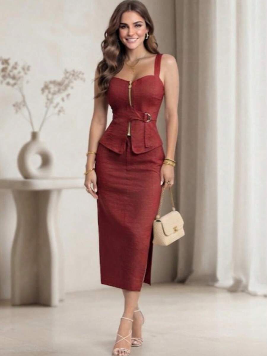 2-PIECE SET CAMI TOP WITH ZIPPER + ELEGANT CHIC LONG SKIRT WITH SIDE SLIT. - 紅色 - 查看 1