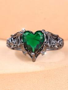 1pc Halloween Theme Women's Zirconia Bat Ring, Inlaid With Green Heart, Suitable For Niche Fashion And Mood-Based Styling - Green - View 2