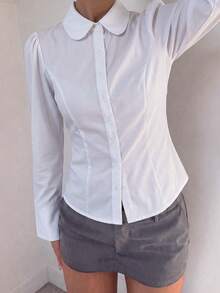 Women's White Long Sleeve Shirt Collar Top, Button Detail, Regular Fit Polyester Blouse, Autumn Fashion - White - View 5