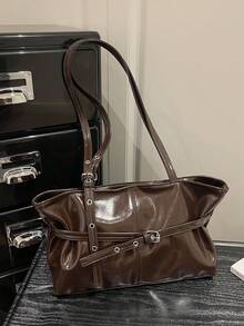 1pc Coffee Brown Large Capacity Solid Color PU Patchwork Tote Bag Women's Shoulder Bag - Coffee Brown - View 3
