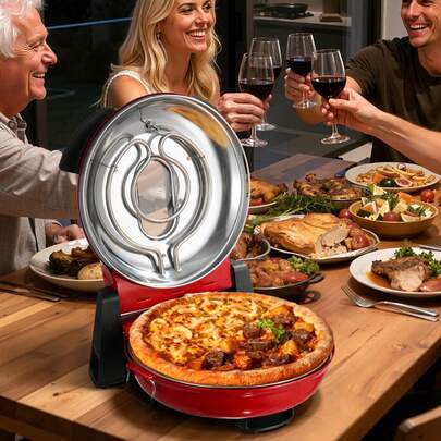 Pizza Oven, 12 In Electric Pizza Maker, 1200W Electric Pizzas Cooker With Cordierite Stone, 5-Mode Temperature Control, Viewing Window For Precise Cooking, Heats Up To 788 ˚F, For Home (Red)