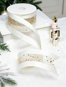 1/2 Roll Gold Glitter Metallic Ribbon, Suitable For Christmas Tree Decoration, Gift Wrapping, Wedding Bows And Wreaths, Shiny Durable Polyester Handmade Ribbon With Gold Glitter, Suitable For DIY Crafts, Bows, Home Decor, Birthday And New Year - Multicolor - View 1