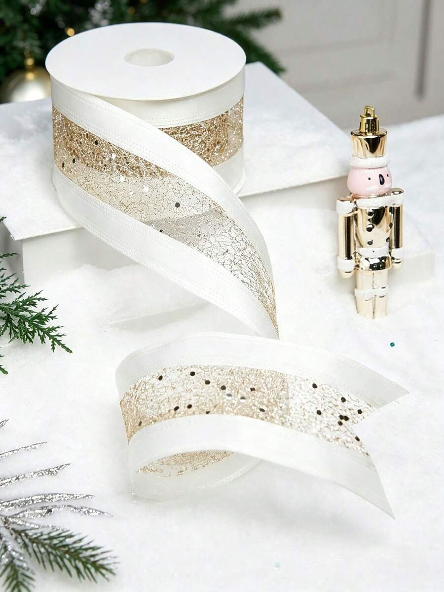 1/2 Roll Gold Glitter Metallic Ribbon, Suitable For Christmas Tree Decoration, Gift Wrapping, Wedding Bows And Wreaths, Shiny Durable Polyester Handmade Ribbon With Gold Glitter, Suitable For DIY Crafts, Bows, Home Decor, Birthday And New Year - Multicolor - View 1