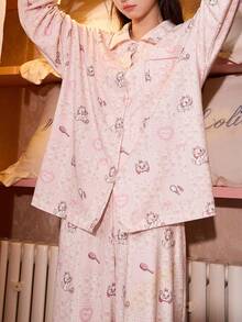 Gongdie 2pcs Disney Marie Women's Pajama Set, Spring/Autumn Pink Plaid & Floral Patchwork Soft Cotton Loungewear With Pockets - Pink - View 9