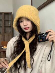 Winter Wool Knitted Hat Adjustable Drawstring Dual Purpose Earflap Hat And Knitted Bag Slouch Beanie Baggy Skull Cap - Multicolor - View 3