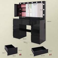 Devoko Dressing Table In Matte White With LED Cosmetic Mirror, Vanity Table Without Stool With 12 LED Lamps, Power Outlets, USB & Type-C, Jewelry Storage And 7 Drawers - 黑色亮面 - 查看 9