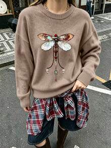 Autumn/Winter Plus Size Women's New "Vintage Mechanical Dragonfly" Pattern Print, Soft Knit Fashion Round Neck Sweater, Machine Washable - Khaki - View 3