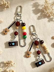 Retro Beaded Camera Keychain With Cute Bear,Beaded Pin Bag Charm,Phone Accessory,Unisex Wallet Charm,Handbag Accessories,Must-Have For Fashionistas - Multicolor - View 3